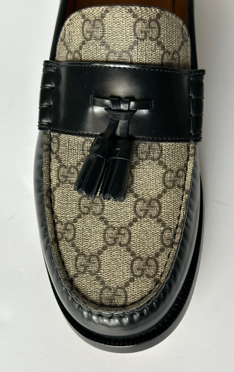 Gucci Mens GG Logo Leather Loafers Shoes Black/Beige 12 US 11.5 Gucci 673817 NIB