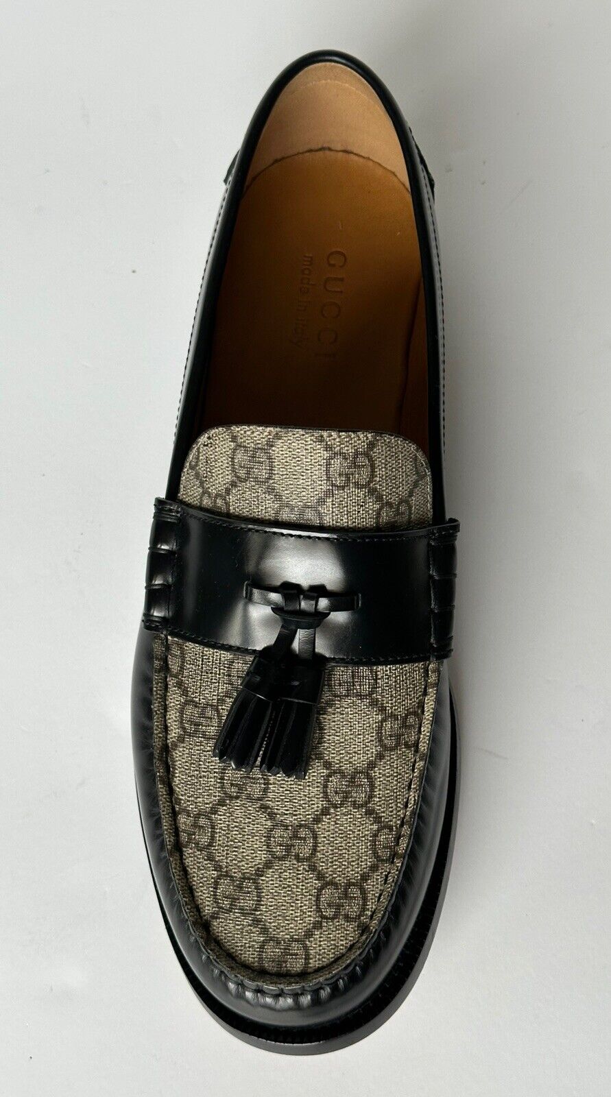 Gucci Mens GG Logo Leather Loafers Shoes Black/Beige 12 US 11.5 Gucci 673817 NIB