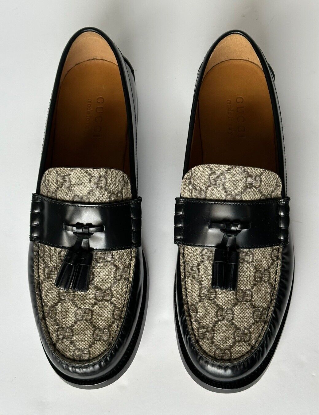 Gucci Mens GG Logo Leather Loafers Shoes Black/Beige 12 US 11.5 Gucci 673817 NIB