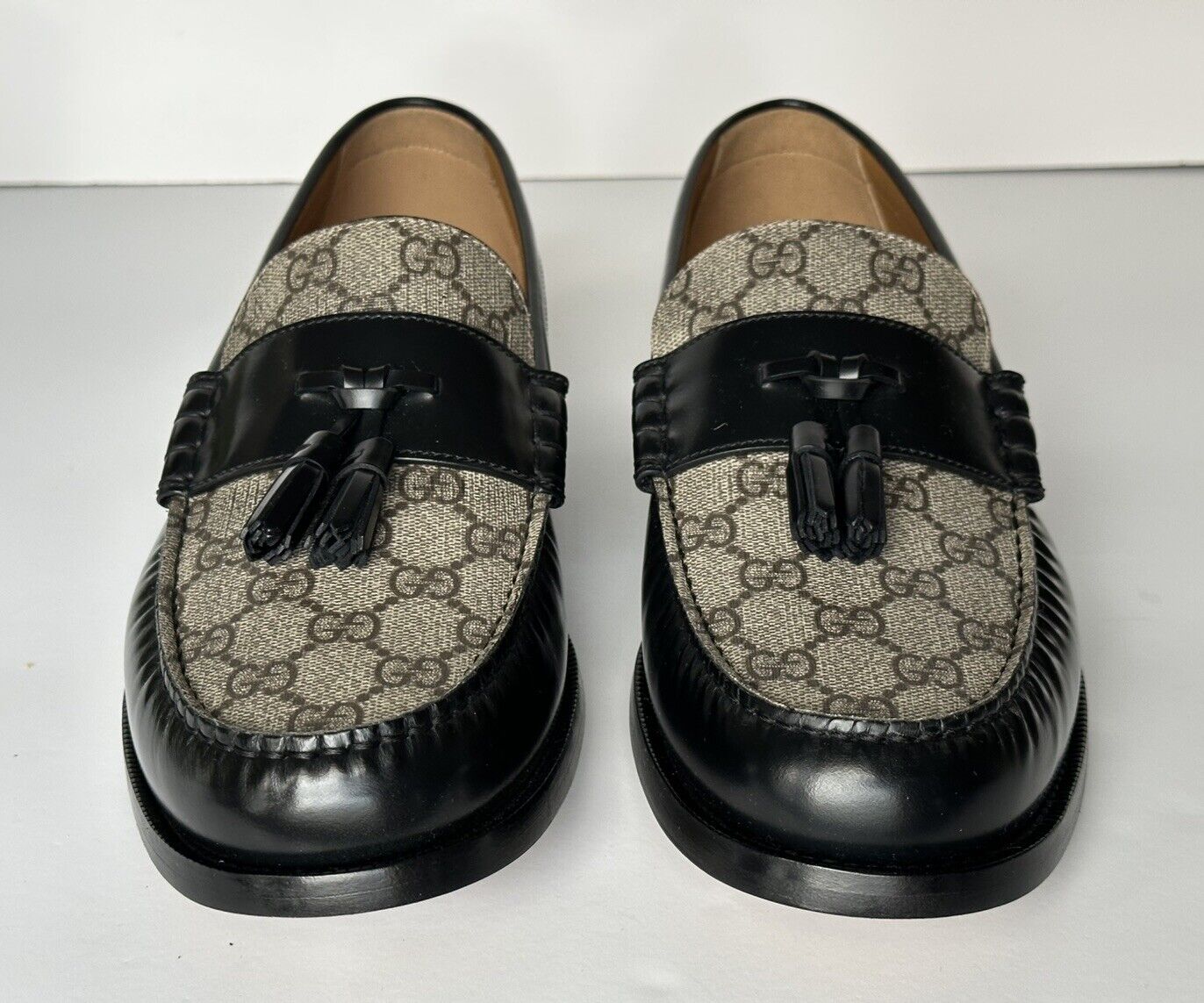 Gucci Mens GG Logo Leather Loafers Shoes Black/Beige 12 US 11.5 Gucci 673817 NIB