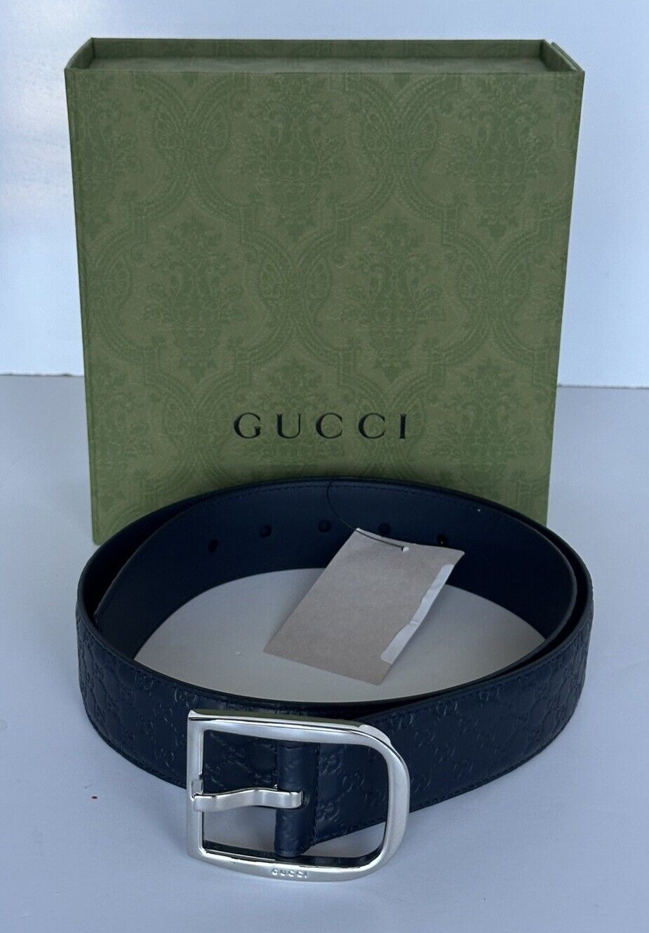 Gucci Men's Microguccissima Dollar Calf Leather Belt Blue 85/34 Italy 449716 NWT