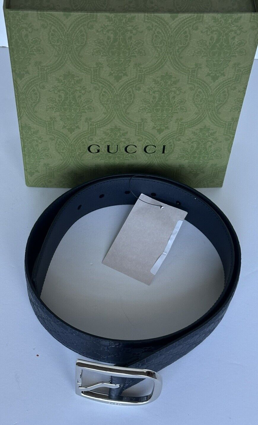 Gucci Men's Microguccissima Dollar Calf Leather Belt Blue 85/34 Italy 449716 NWT