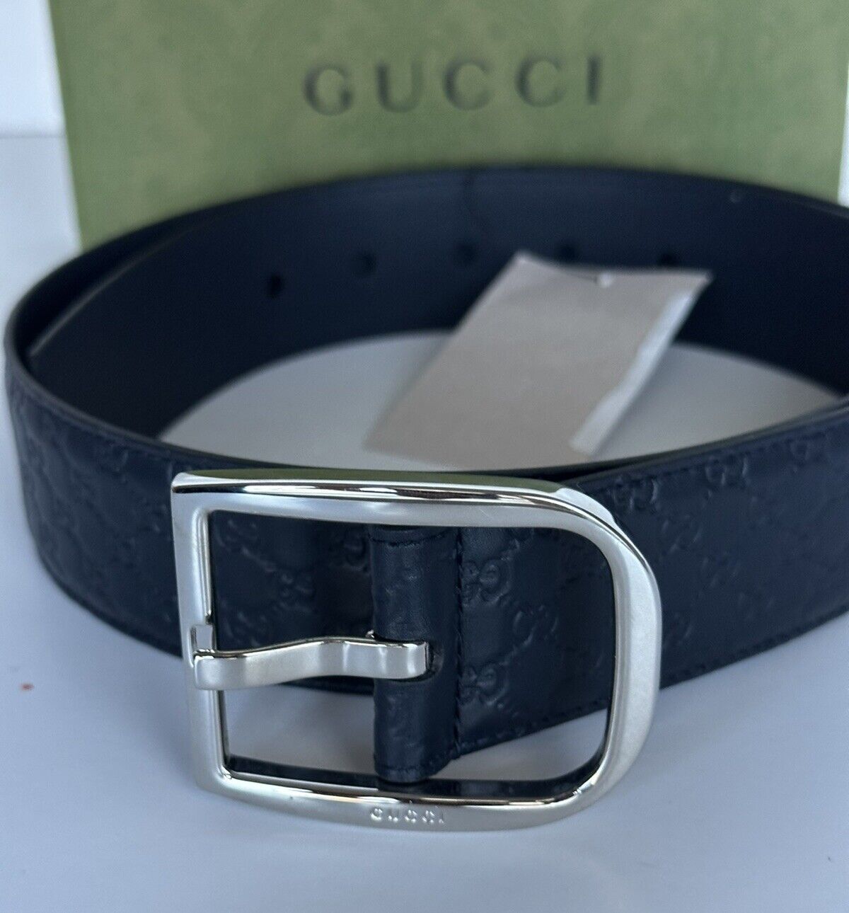 Gucci Men's Microguccissima Dollar Calf Leather Belt Blue 85/34 Italy 449716 NWT