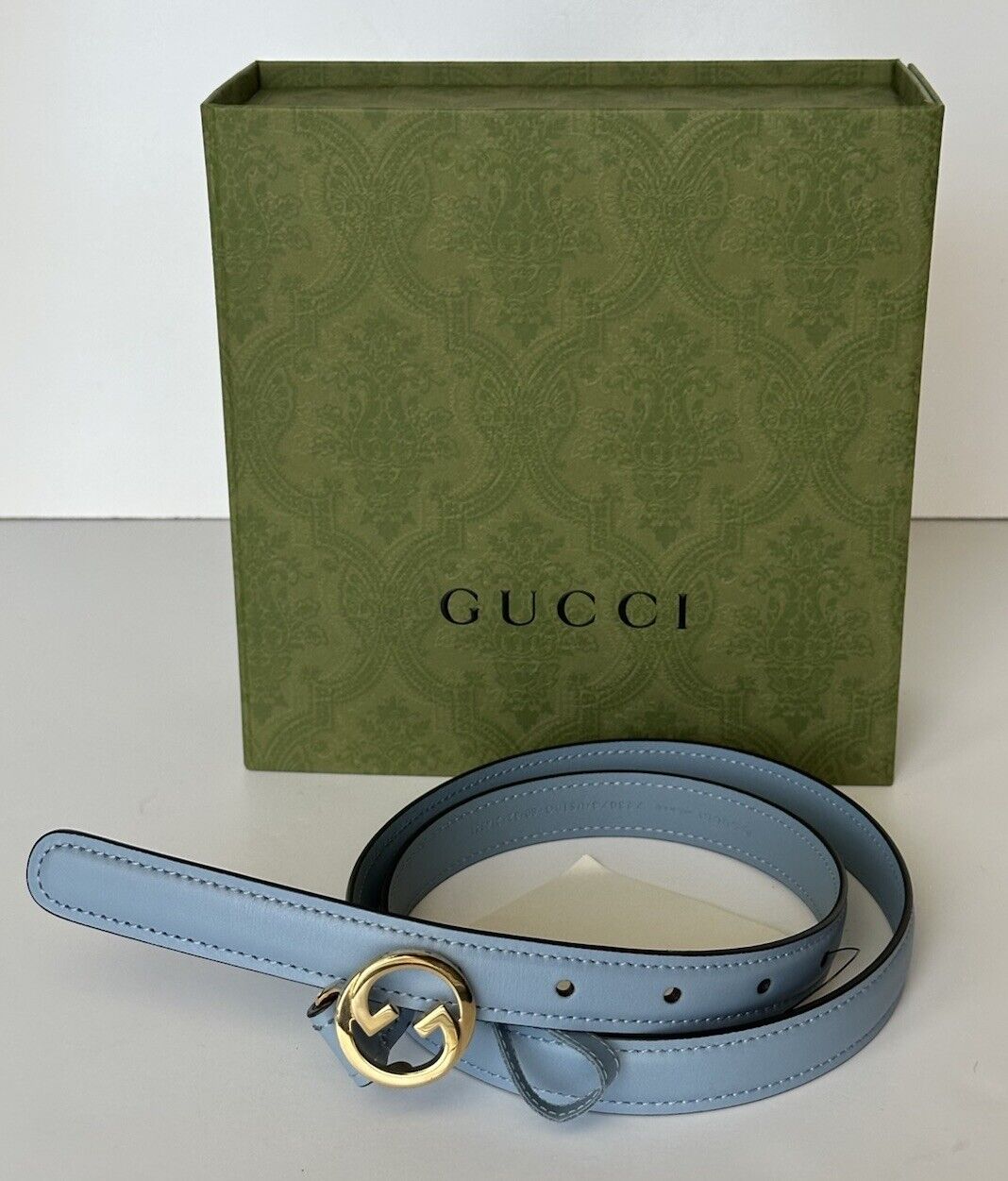 Gucci Women's Cloudy Blue Calf Leather Belt  80/32 Italy 723073 NWT