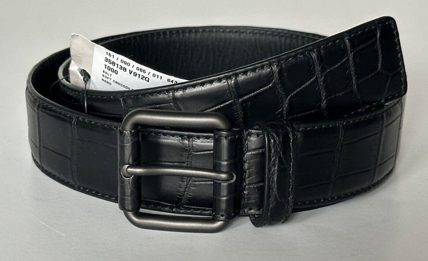 Bottega Veneta Crocodile Soft Leather Black Belt 38/95 Italy 358138 NWT $1850