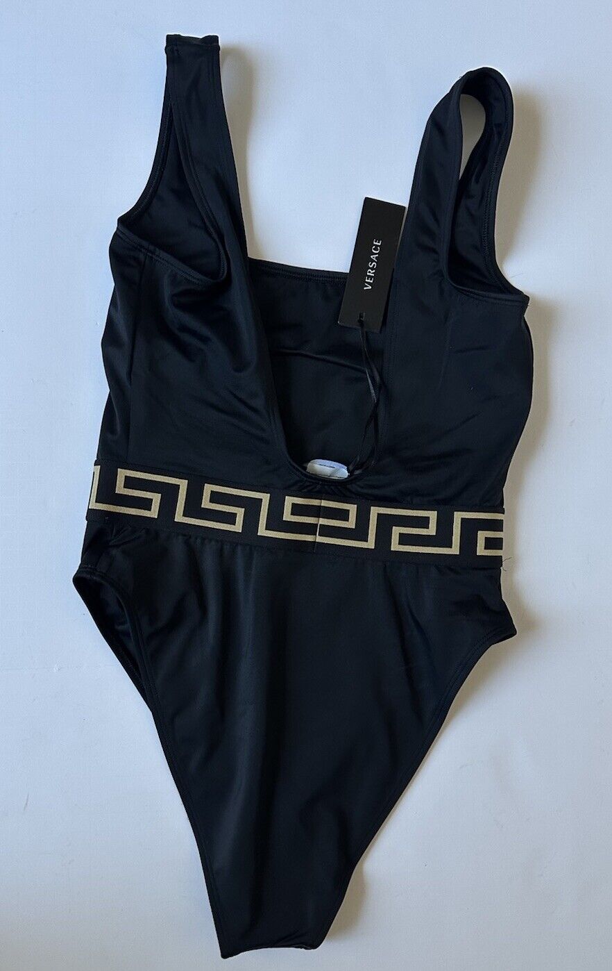 Versace Greek Key Women's Black/Gold Swim Suit Size 2 Italy 1003204 NWT