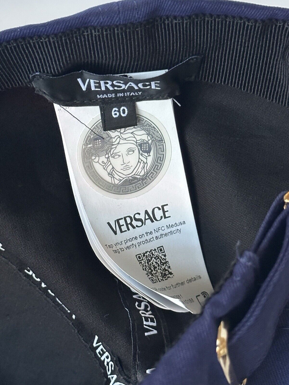 Versace Logo Drill Cotton Baseball Cap Hat Blue Size 60 Italy 1012752 NWT $550