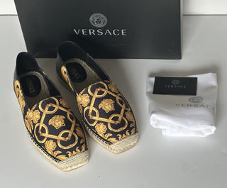 VERSACE Barocco Print Gold/Black Canvas Espadrilles 11 US 1014774 Spain NIB $700