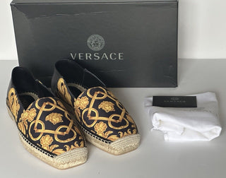 VERSACE Barocco Print Gold/Black Canvas Espadrilles 11.5 US 1014774 NIB $700