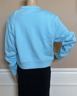 Burberry Embroided Crop Bright Topaz Blue Cotton Sweatshirt S 8084776 NWT $590