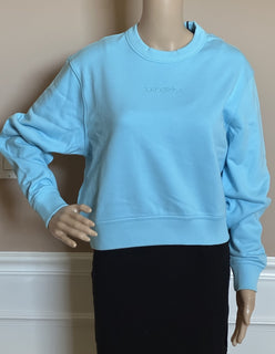 Burberry Embroided Crop Bright Topaz Blue Cotton Sweatshirt M 8084776 NWT $590