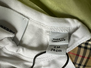 Burberry Claude Mini Check Panel Romper,Hat & Bib Set White 9M 80484071 NWT $300
