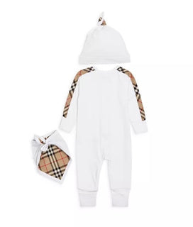 Burberry Claude Mini Check Panel Romper, Hat&Bib Set White 12M 80484071 NWT $300