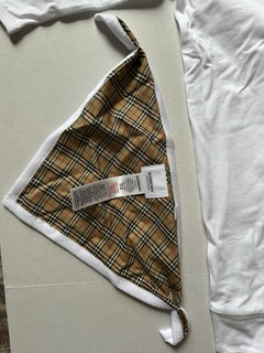 Burberry Claude Mini Check Panel Romper, Hat&Bib Set White 12M 80484071 NWT $300