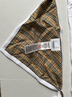 Burberry Claude Mini Check Panel Romper, Hat&Bib Set White 12M 80484071 NWT $300