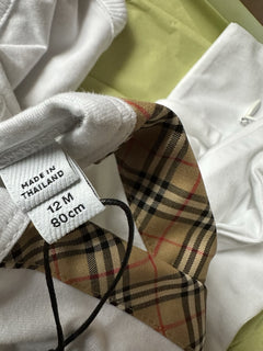 Burberry Claude Mini Check Panel Romper, Hat&Bib Set White 12M 80484071 NWT $300