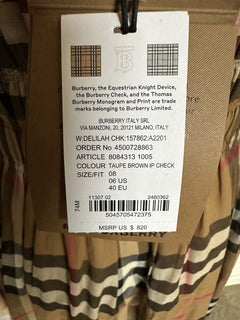 Burberry Delilah Women’s Toupe Brown Check Dress 6 US (40 Euro) 8084313 NWT $820
