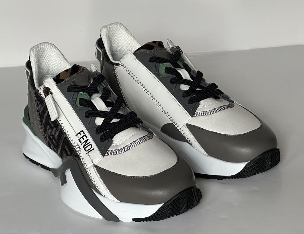 Fendi Flow Leather/Fabric Sneakers Gray/Green 8 US (7 Fendi) 7E1392 NIB $995