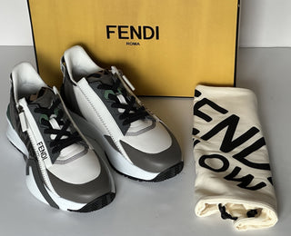 Fendi Flow Leather/Fabric Sneakers Gray/Green 8 US (7 Fendi) 7E1392 NIB $995