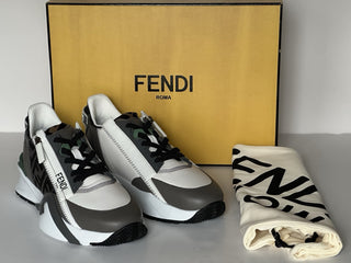 Fendi Flow Leather/Fabric Sneakers Gray/Green 8 US (7 Fendi) 7E1392 NIB $995