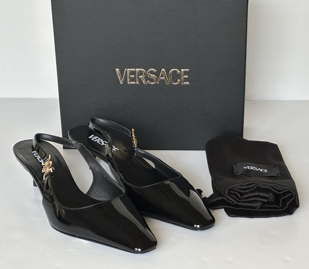 Versace Sling Back Patent Leather Shoe Black 9.5 US (39.5) 1012579 IT NIB $875