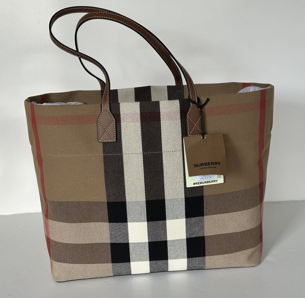 Burberry Check Canvas Medium London Tote Bag Taupe Brown Check 8084047 NWT $1390