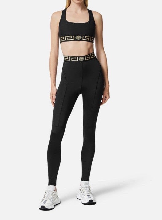 Versace Greca Border Cropped Gym Black Sport Bra L Made in Italy 1004104 NWT