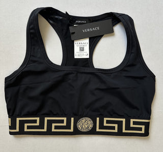 Versace Greca Border Cropped Gym Black Sport Bra L Made in Italy 1004104 NWT