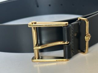 Versace Gold Buckle Black Calf Leather Belt 90 (36) Italy 1011124 NWT