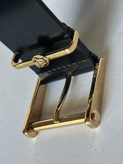 Versace Gold Buckle Black Calf Leather Belt 90 (36) Italy 1011124 NWT