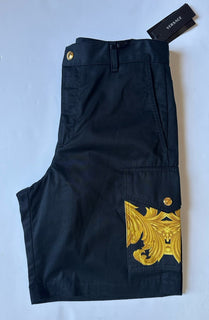 Versace Heritage Print Black Drill Fabric Shorts  48 Euro (32”) 1014373 NWT $900