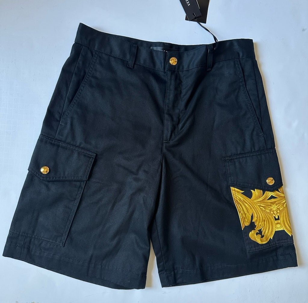 Versace Heritage Print Black Drill Fabric Shorts 52 Euro (36”) 1014373 NWT $900