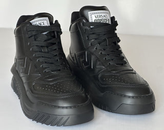 Versace Greca Leather High Top Black Sneakers 12 US (45 Eu) 1011349 IT NWT $1175