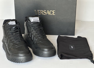 Versace Greca Leather High Top Black Sneakers 7 US (40 Eu) 1011349 IT NWT $1175