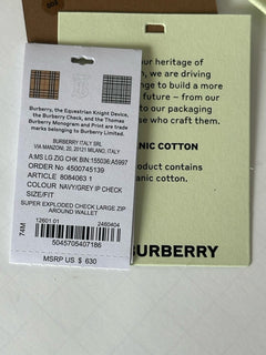 Burberry Navy/Grey IP Check Large Zip Around Wallet 80840631 NWT $630
