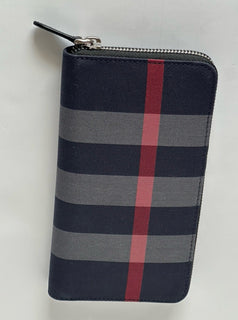 Burberry Navy/Grey IP Check Large Zip Around Wallet 80840631 NWT $630