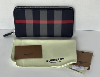 Burberry Navy/Grey IP Check Large Zip Around Wallet 80840631 NWT $630
