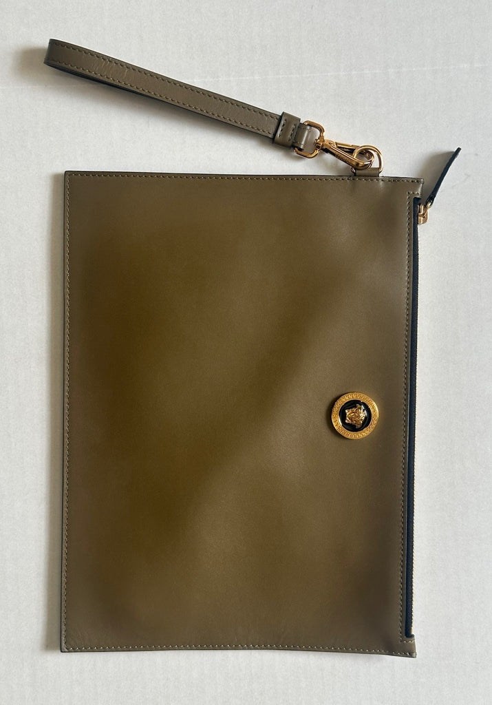 Versace Medusa Head Leather Large Pouch Clutch Olive Green 1010525 IT NWOT $750