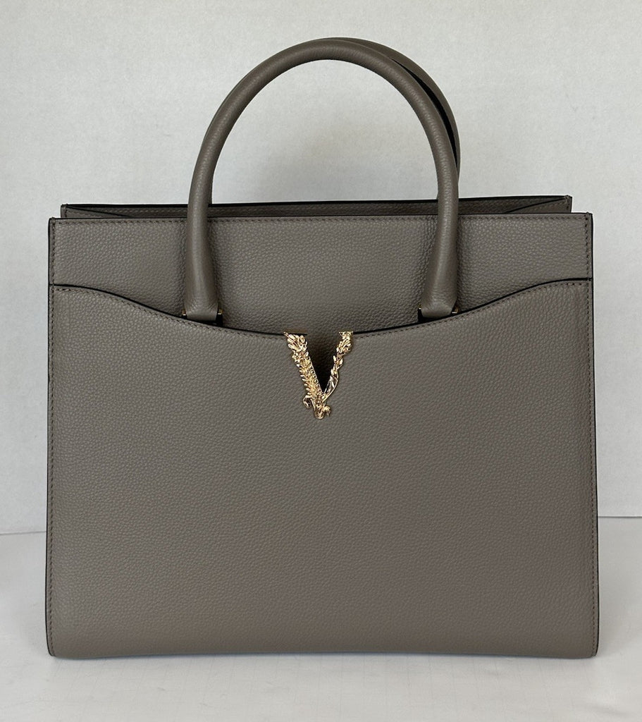 Versace Virtus Grainy Calf Leather Grey Large Top Handle Bag 1005961 IT NWT