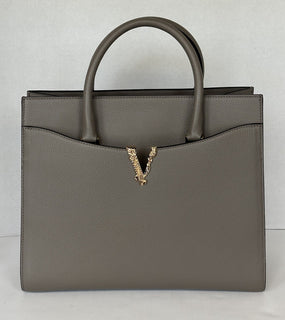 Versace Virtus Grainy Calf Leather Grey Large Top Handle Bag 1005961 IT NWT