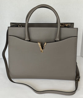 Versace Virtus Grainy Calf Leather Grey Large Top Handle Bag 1005961 IT NWT