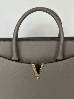 Versace Virtus Grainy Calf Leather Grey Large Top Handle Bag 1005961 IT NWT