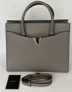Versace Virtus Grainy Calf Leather Grey Large Top Handle Bag 1005961 IT NWT