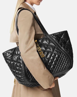 Versace Greca Large Quilted Goddess Calf Leather Black Tote Bag 1011570 IT New