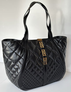 Versace Greca Large Quilted Goddess Calf Leather Black Tote Bag 1011570 IT New
