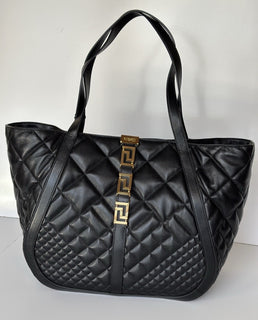 Versace Greca Large Quilted Goddess Calf Leather Black Tote Bag 1011570 IT New