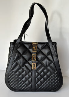 Versace Greca Large Quilted Goddess Calf Leather Black Tote Bag 1011570 IT New