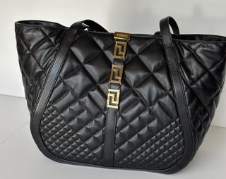 Versace Greca Large Quilted Goddess Calf Leather Black Tote Bag 1011570 IT New