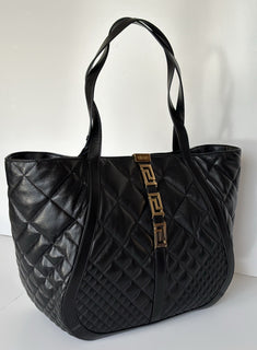 Versace Greca Large Quilted Goddess Calf Leather Black Tote Bag 1011570 IT New
