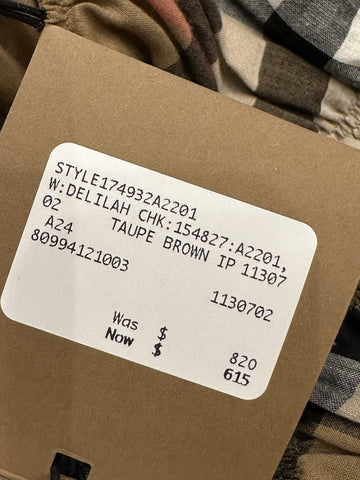 Burberry Delilah Women’s Toupe Brown Check Dress 2 US (36 Euro) 8099412 NWT $820